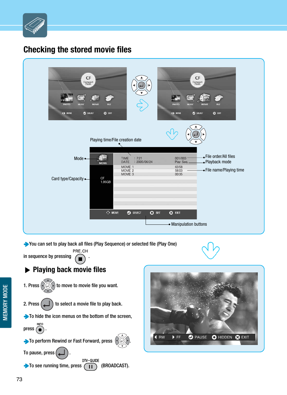 Checking the stored movie files, Playing back movie files | Hyundai ImageQuest Q321 User Manual | Page 76 / 87