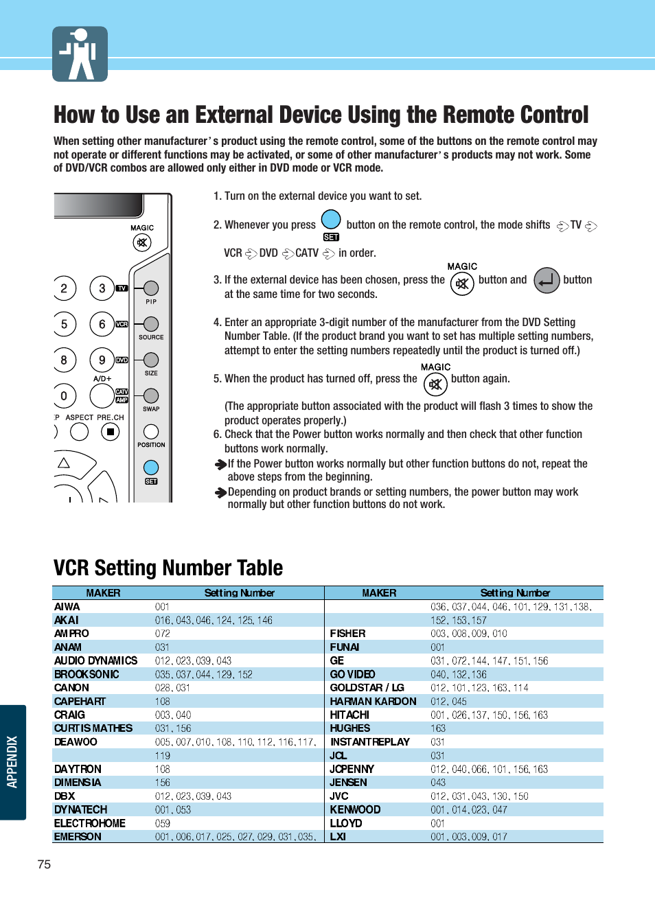 Vcr setting number table | Hyundai ImageQuest Q321 User Manual | Page 78 / 87