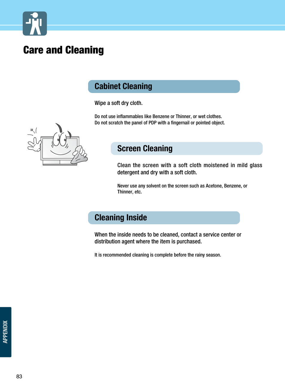 Care and cleaning, Cabinet cleaning, Screen cleaning | Cleaning inside | Hyundai ImageQuest Q321 User Manual | Page 86 / 87