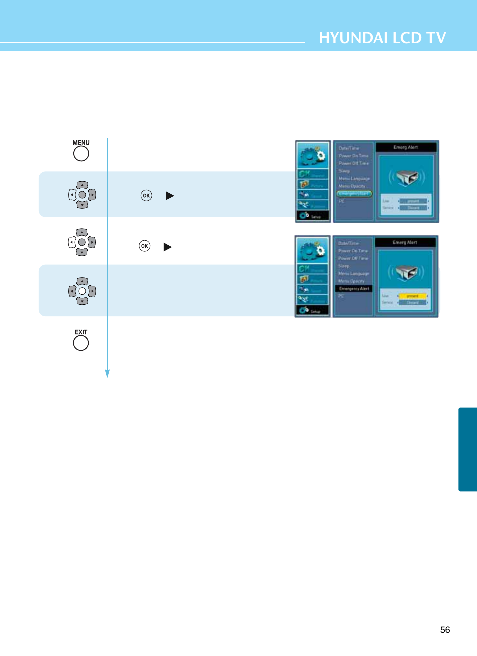 How to set emergency alert 1 2 3, Hyundai lcd tv | Hyundai E261D User Manual | Page 59 / 69