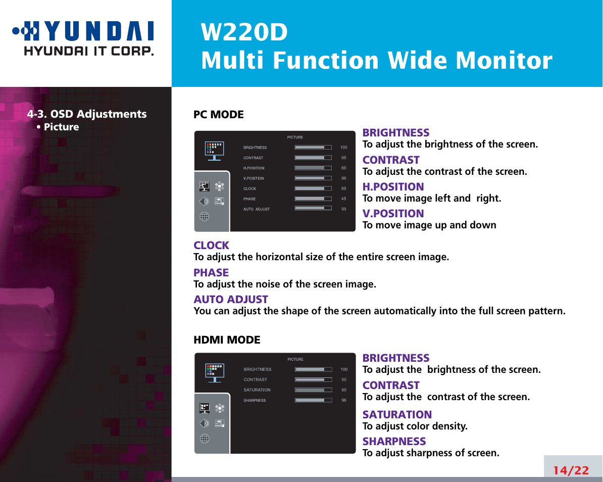 W220d multi function wide monitor | Hyundai W220D User Manual | Page 18 / 26