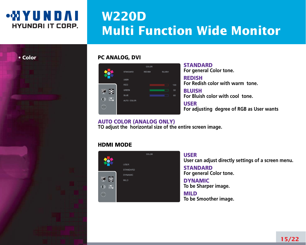 W220d multi function wide monitor | Hyundai W220D User Manual | Page 19 / 26