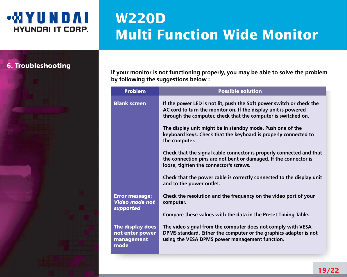 W220d multi function wide monitor | Hyundai W220D User Manual | Page 23 / 26