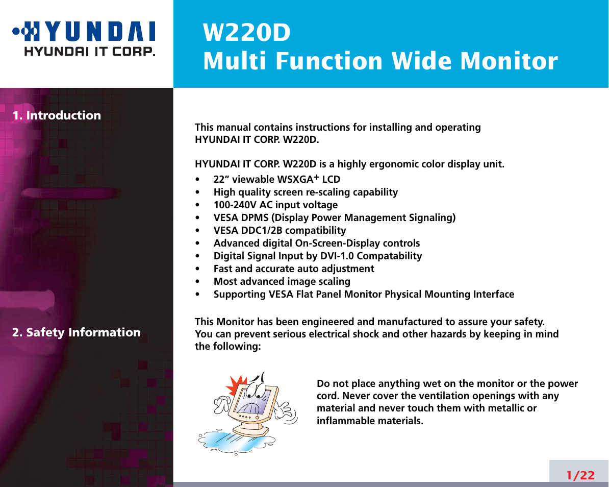 W220d multi function wide monitor | Hyundai W220D User Manual | Page 5 / 26