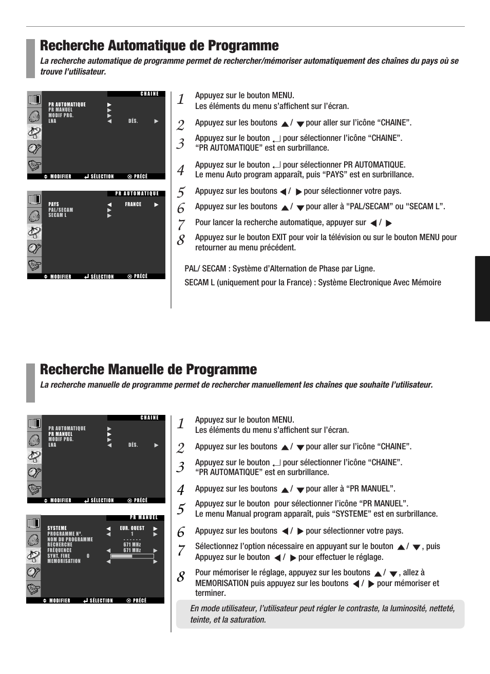 Recherche automatique de programme, Recherche manuelle de programme | Hyundai Q321 User Manual | Page 168 / 326