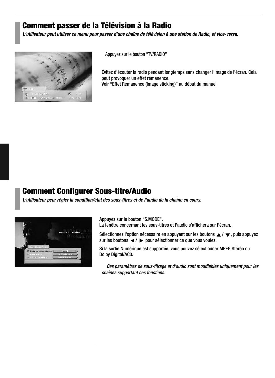 Comment passer de la télévision à la radio, Comment configurer sous-titre/audio | Hyundai Q321 User Manual | Page 183 / 326