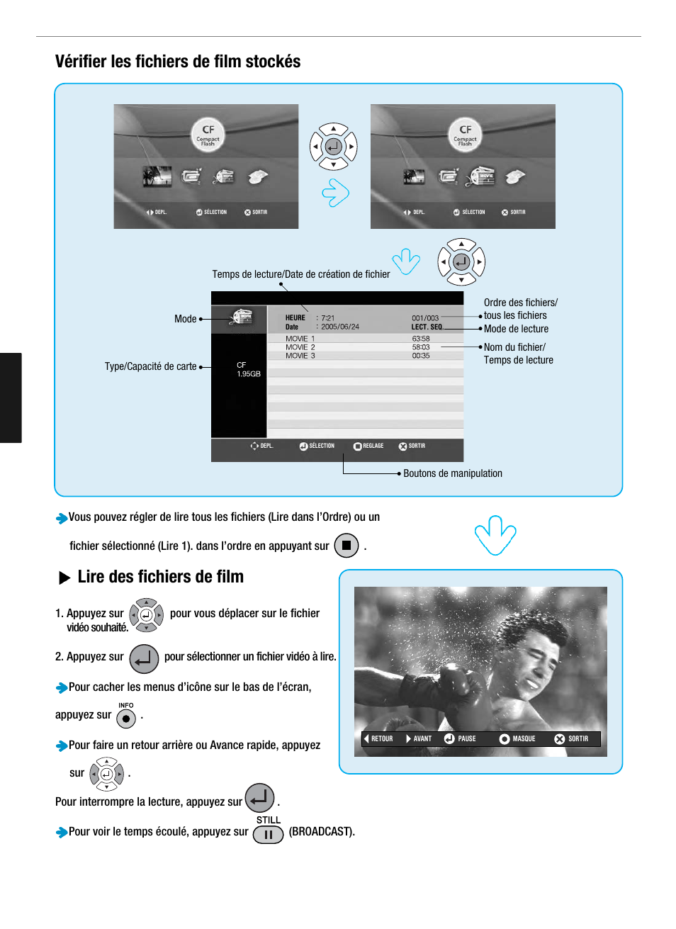 Vérifier les fichiers de film stockés, Lire des fichiers de film | Hyundai Q321 User Manual | Page 191 / 326