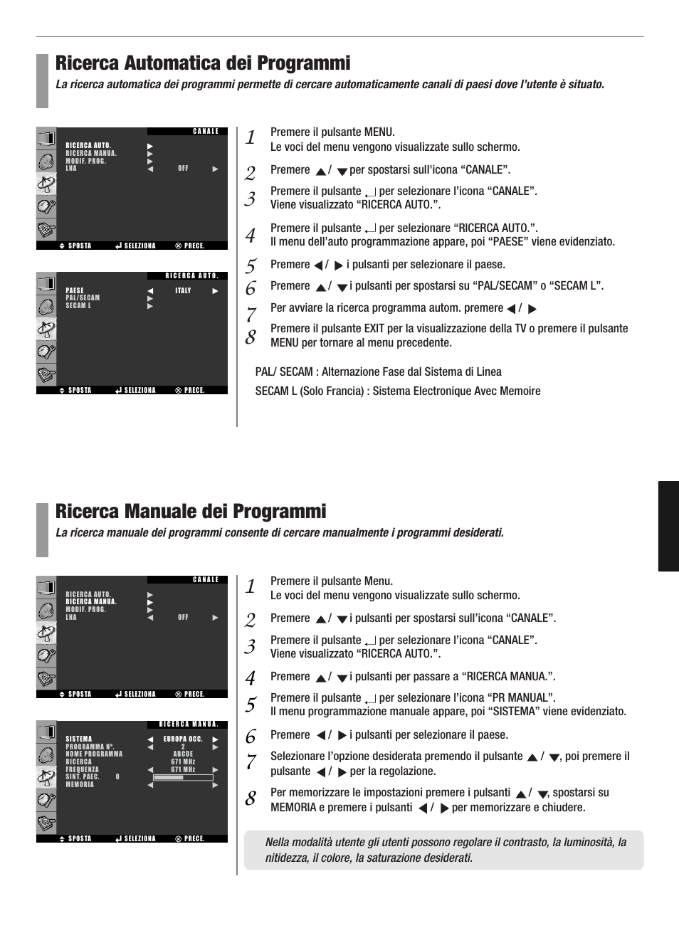 Ricerca automatica dei programmi, Ricerca manuale dei programmi | Hyundai Q321 User Manual | Page 228 / 326