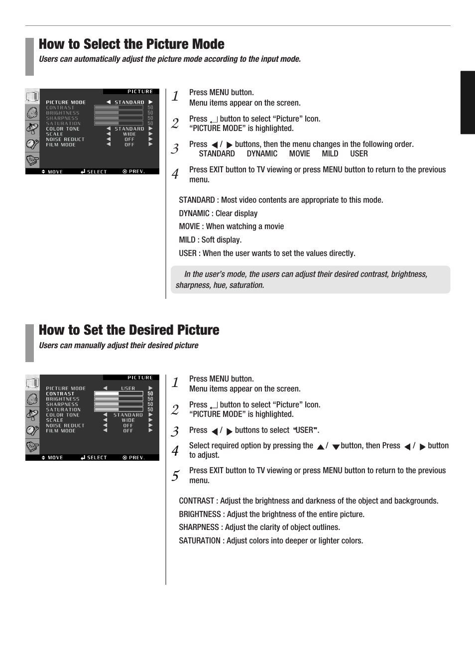 How to select the picture mode, How to set the desired picture | Hyundai Q321 User Manual | Page 28 / 326