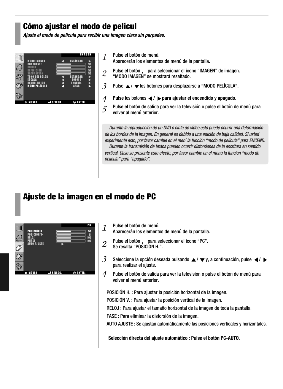 Cómo ajustar el modo de películ, Ajuste de la imagen en el modo de pc | Hyundai Q321 User Manual | Page 289 / 326