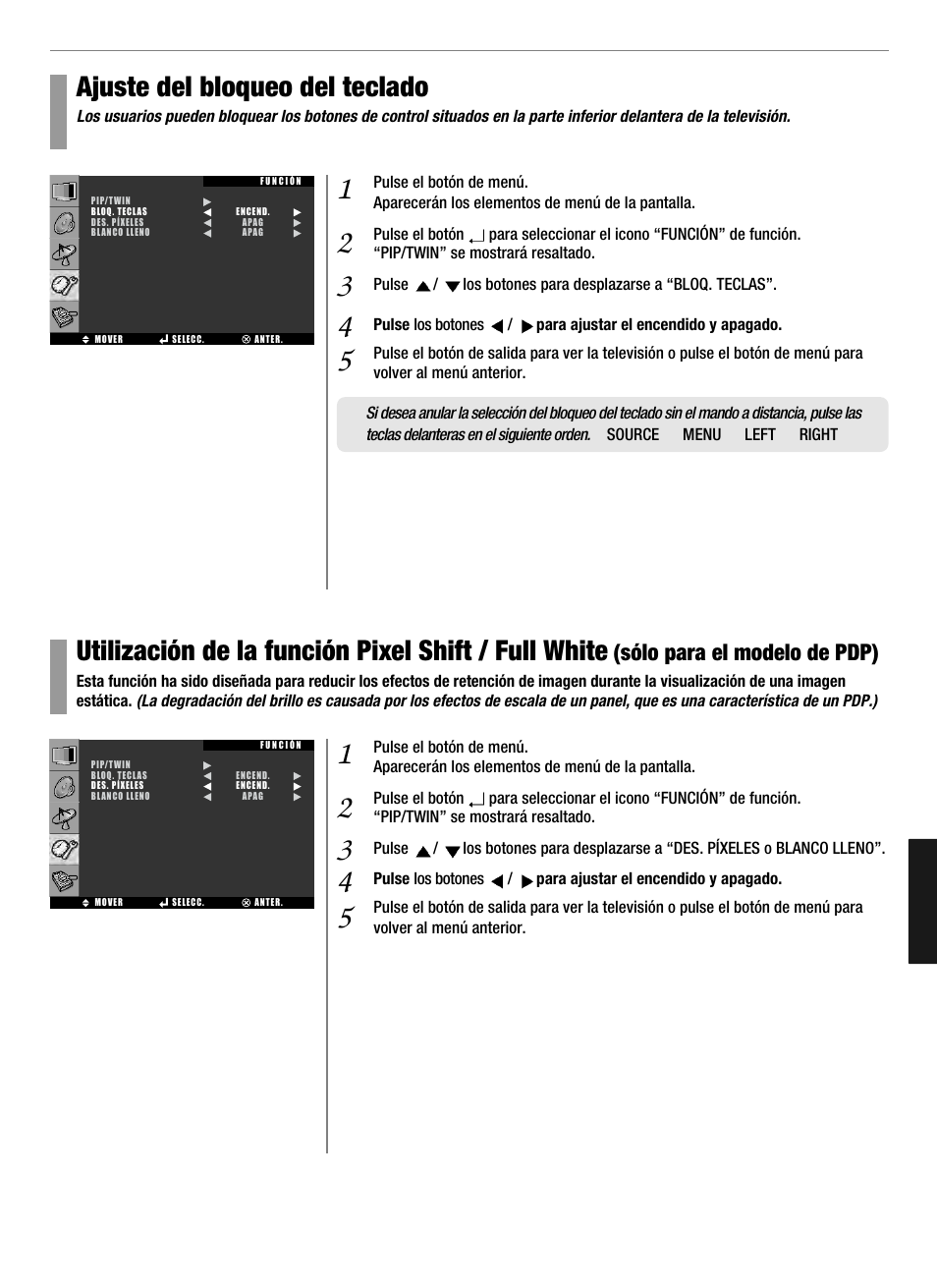 Ajuste del bloqueo del teclado, Utilización de la función pixel shift / full white, Sólo para el modelo de pdp) | Hyundai Q321 User Manual | Page 298 / 326