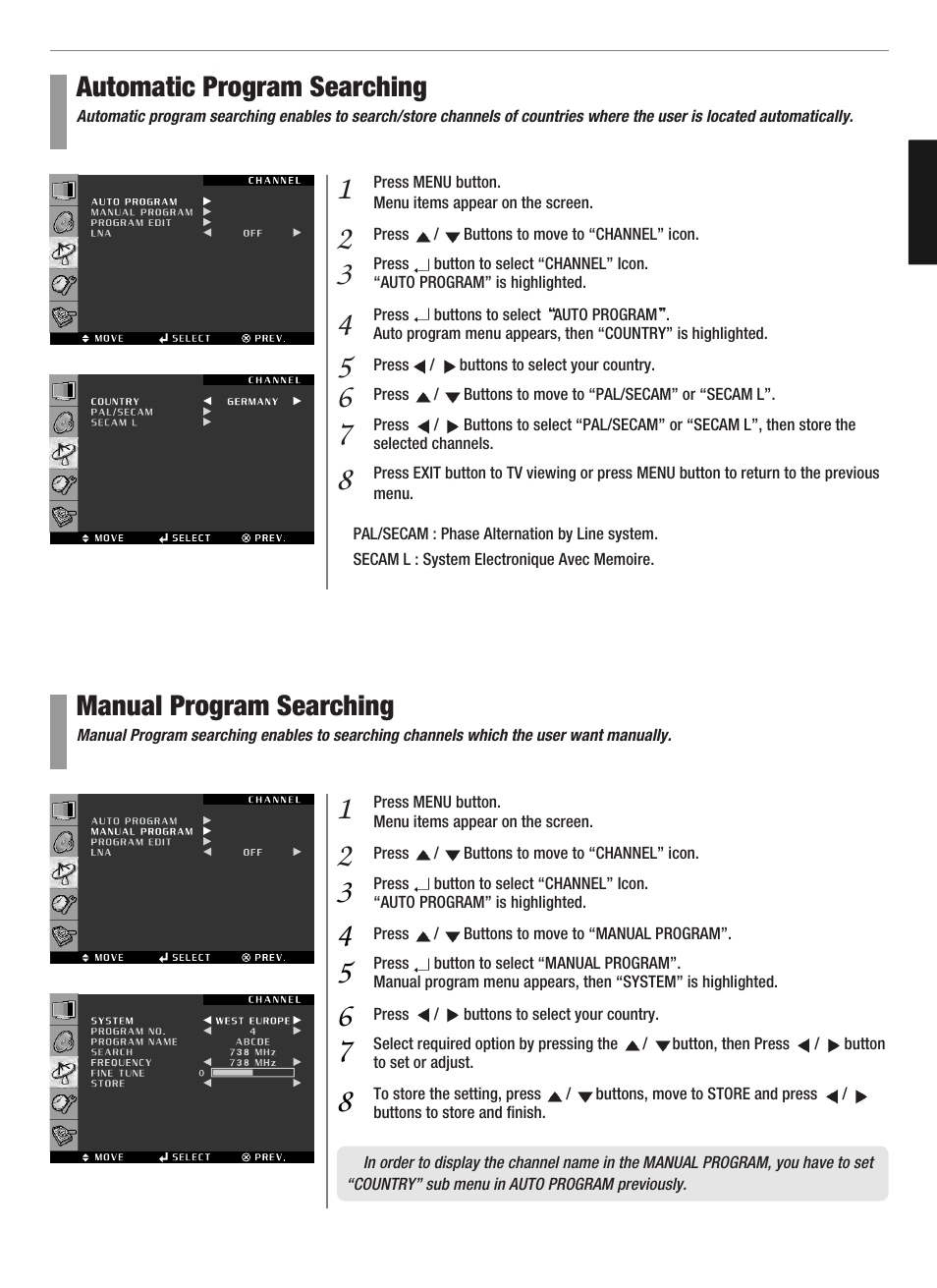 Automatic program searching, Manual program searching | Hyundai Q321 User Manual | Page 36 / 326