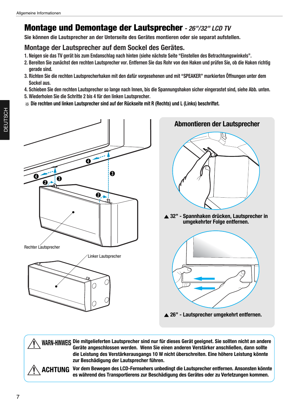 Montage und demontage der lautsprecher, Warn-hinweis achtung, Abmontieren der lautsprecher | Hyundai Q321 User Manual | Page 75 / 326