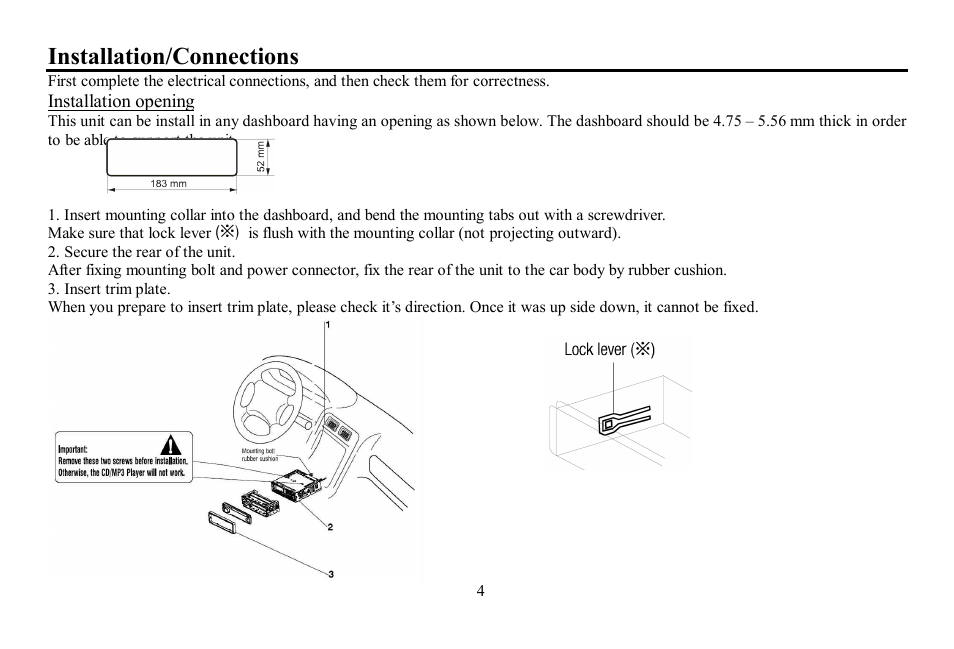 Installation/connections | Hyundai H-CDM8064 User Manual | Page 4 / 47