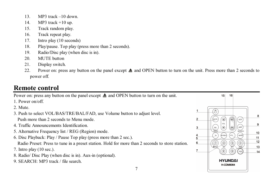 Remote control | Hyundai H-CDM8064 User Manual | Page 7 / 47