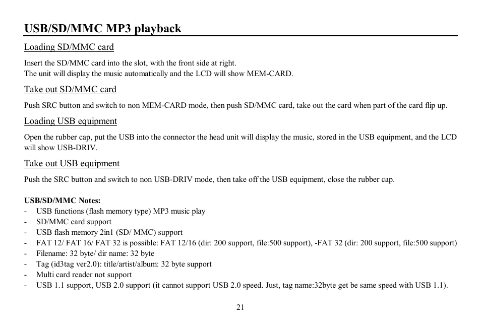 Usb/sd/mmc mp3 playback | Hyundai H-CDM8047 User Manual | Page 21 / 54