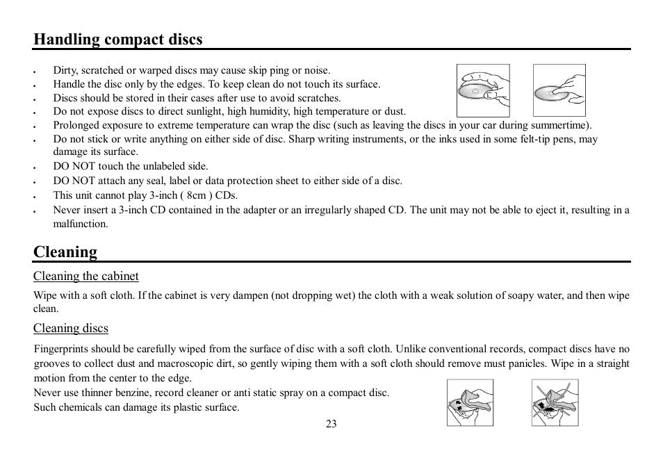 Handling compact discs, Cleaning, Cleaning the cabinet | Cleaning discs | Hyundai H-CDM8047 User Manual | Page 23 / 54