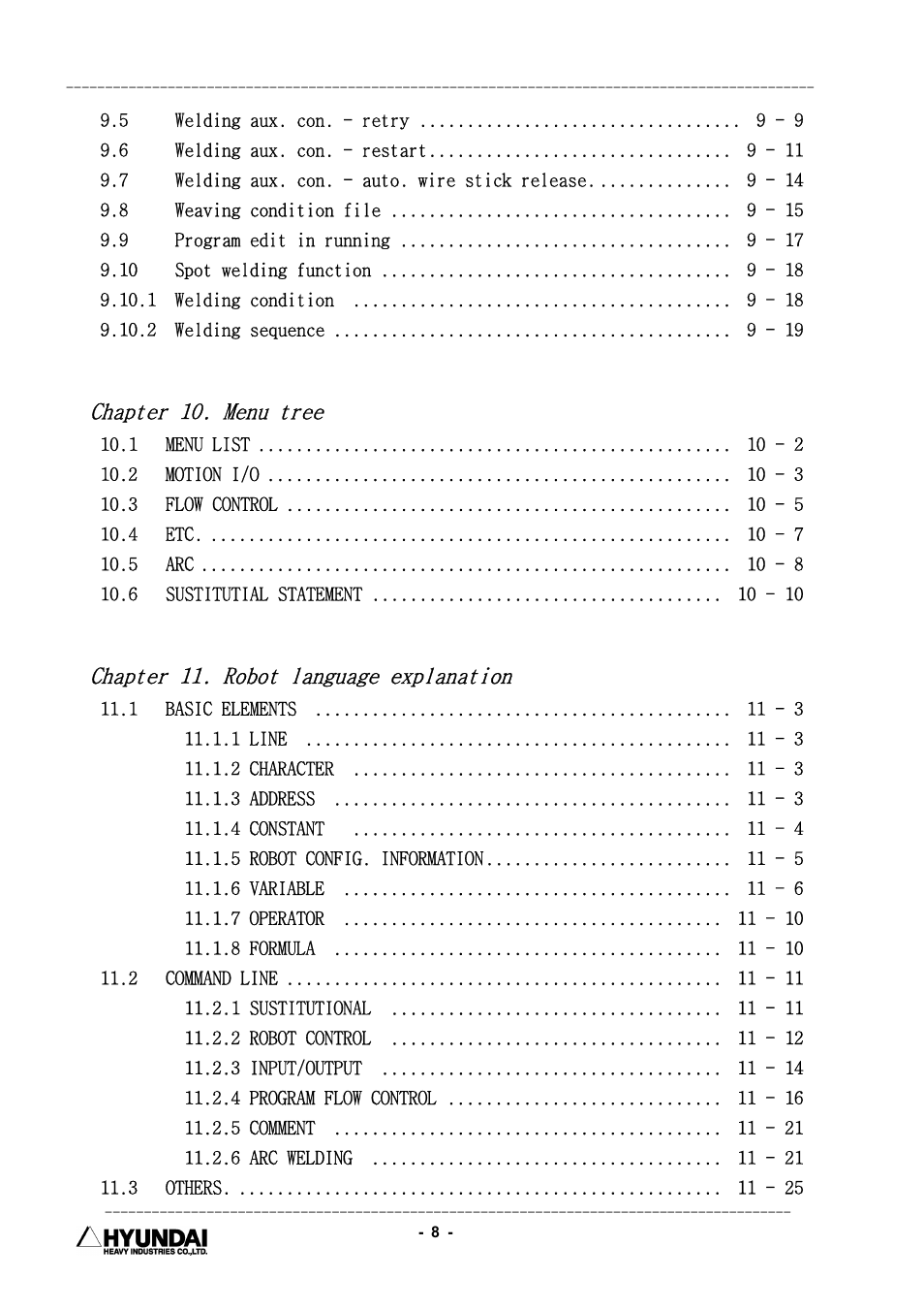 Chapter 10. menu tree, Chapter 11. robot language explanation | Hyundai HI4 User Manual | Page 11 / 427
