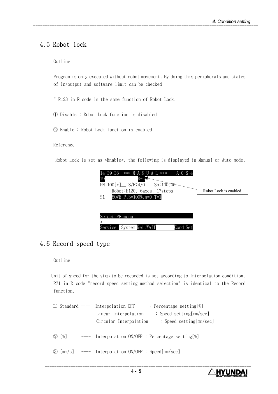 5 robot lock, 6 record speed type | Hyundai HI4 User Manual | Page 155 / 427