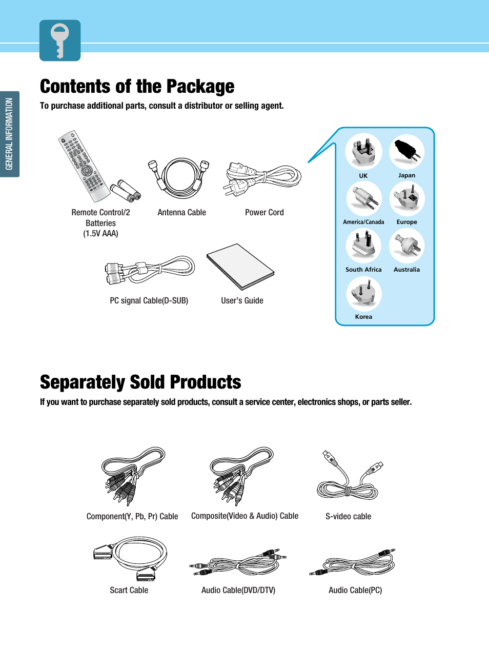 Contents of the package, Separately sold products | Hyundai ImageQuest HQL200NR User Manual | Page 14 / 83