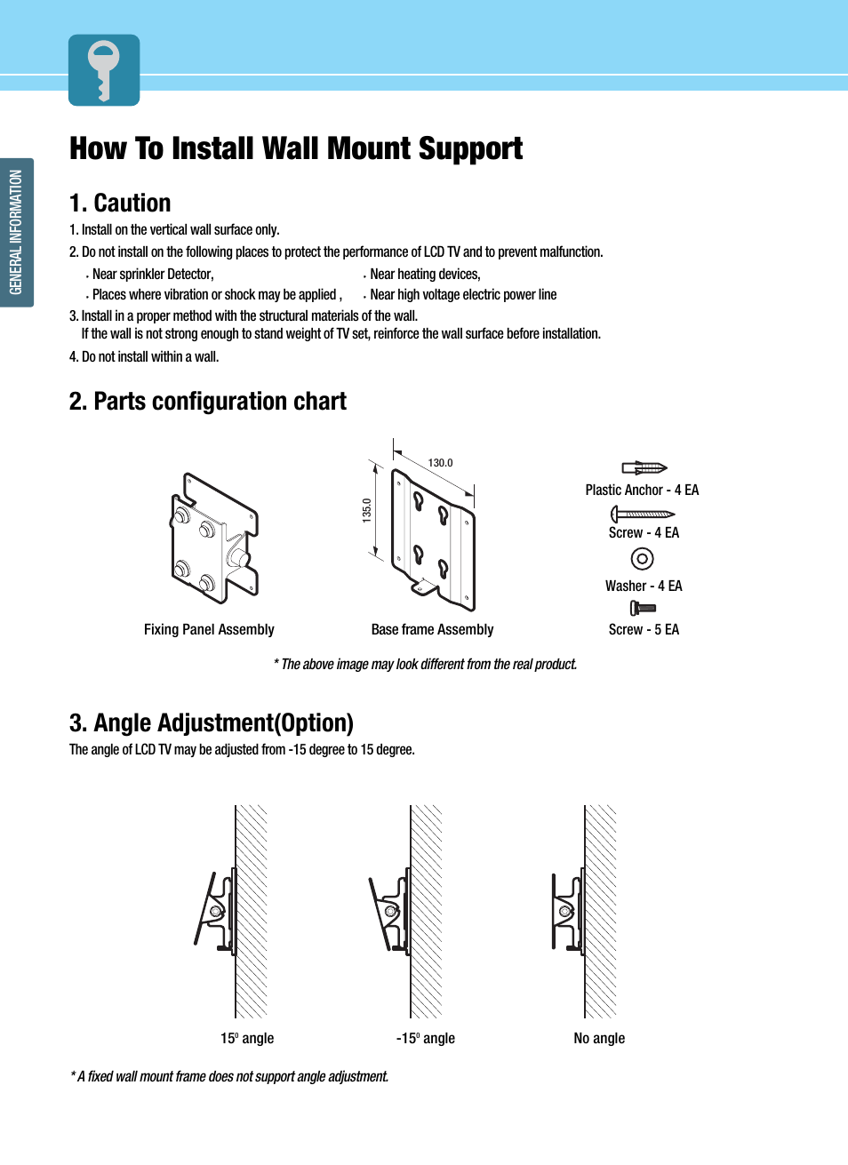 How to install wall mount support, Caution, Parts configuration chart | Angle adjustment(option) | Hyundai ImageQuest HQL200NR User Manual | Page 18 / 83