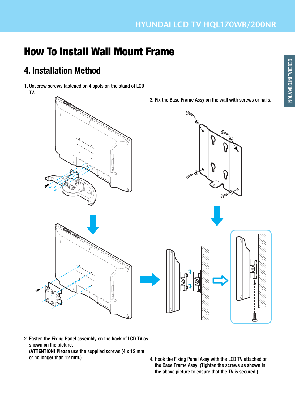 How to install wall mount frame, Installation method | Hyundai ImageQuest HQL200NR User Manual | Page 19 / 83