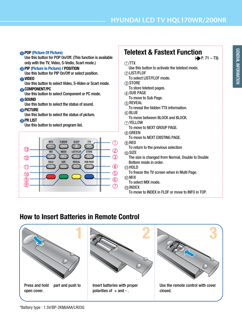 How to insert batteries in remote control, Teletext & fastext function | Hyundai ImageQuest HQL200NR User Manual | Page 23 / 83