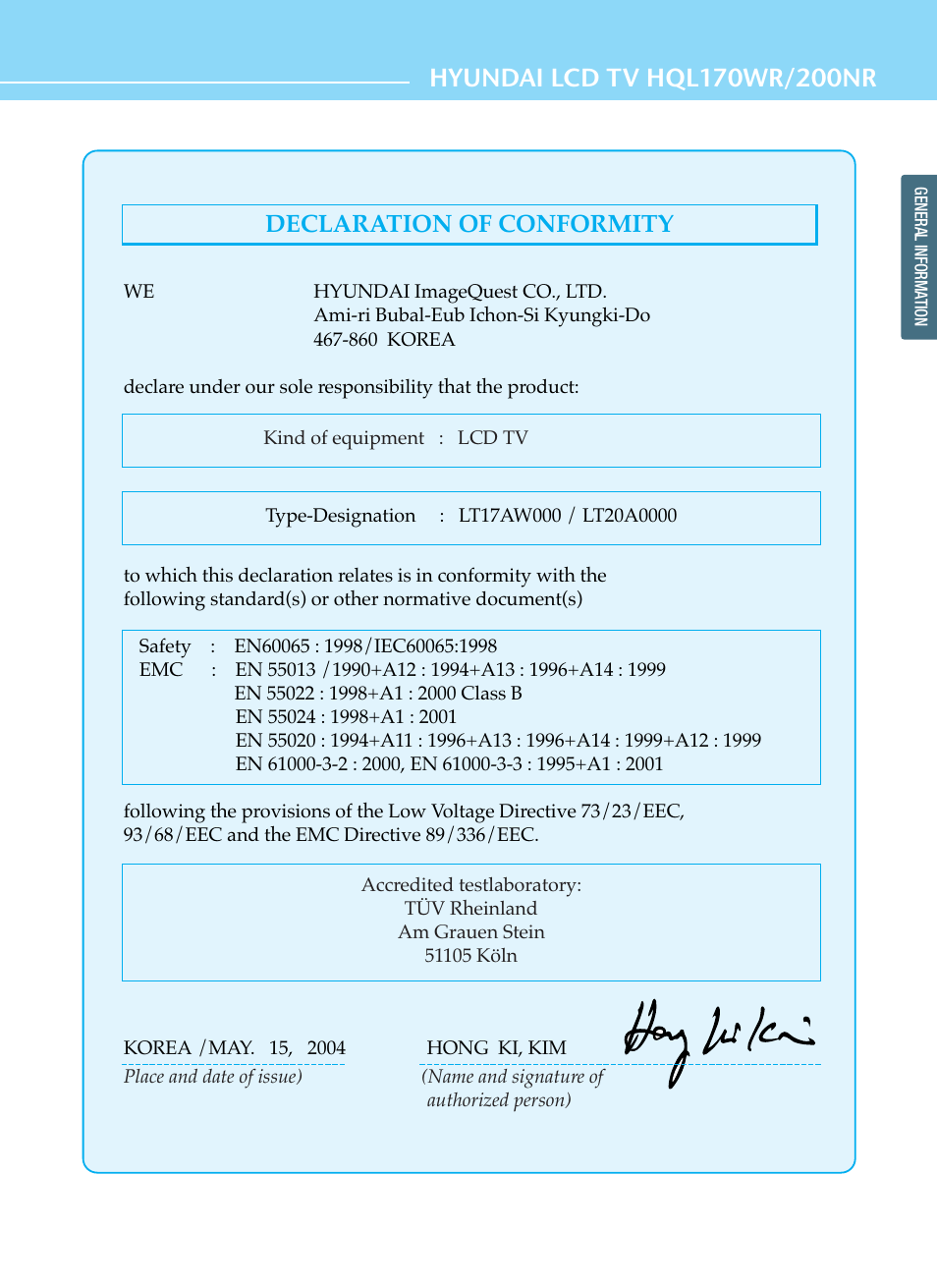 Declaration of conformity | Hyundai ImageQuest HQL200NR User Manual | Page 3 / 83