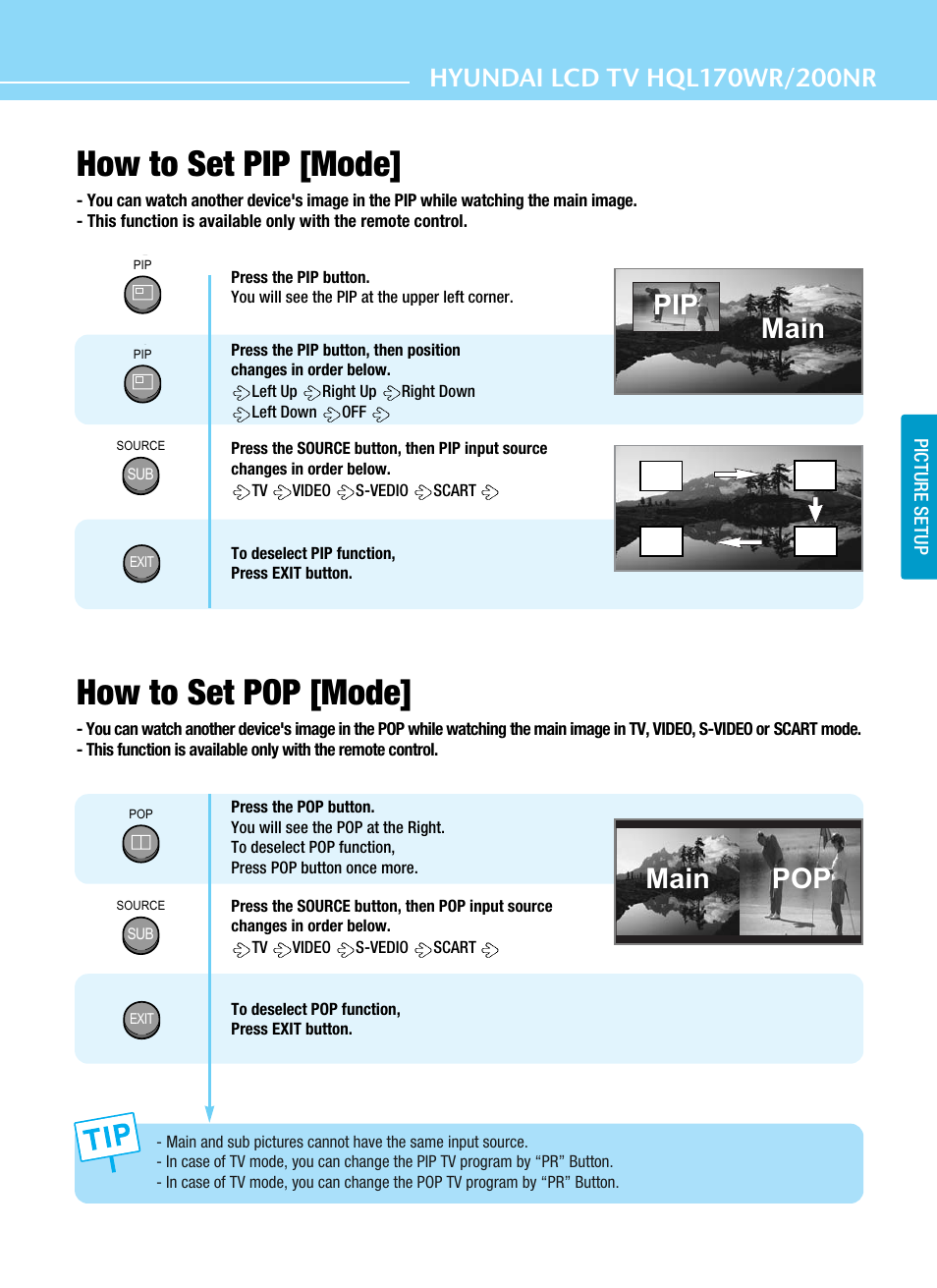 How to set pip [mode, How to set pop [mode, Main | Main pop | Hyundai ImageQuest HQL200NR User Manual | Page 39 / 83