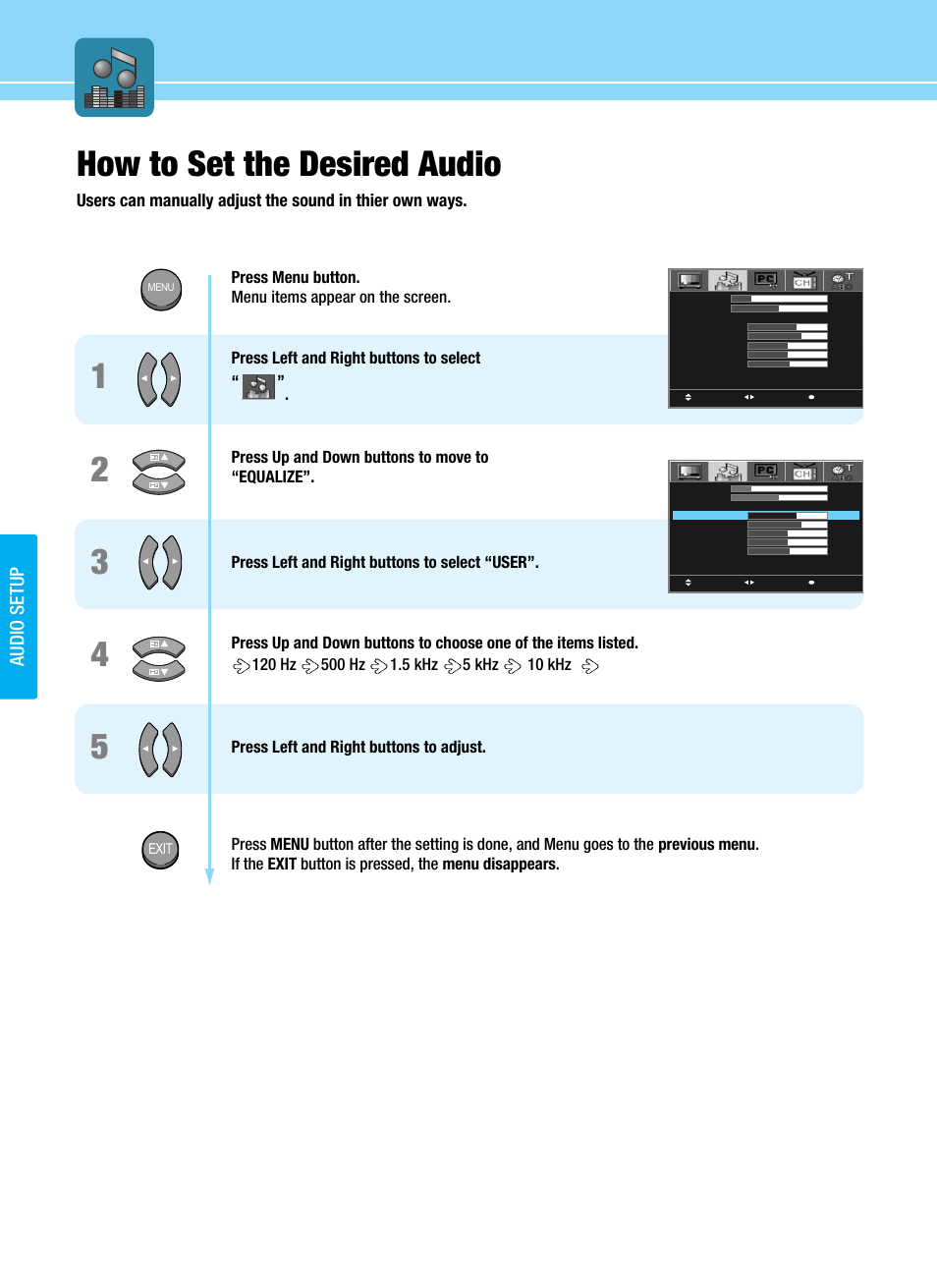 How to set the desired audio, Audio setup | Hyundai ImageQuest HQL200NR User Manual | Page 46 / 83