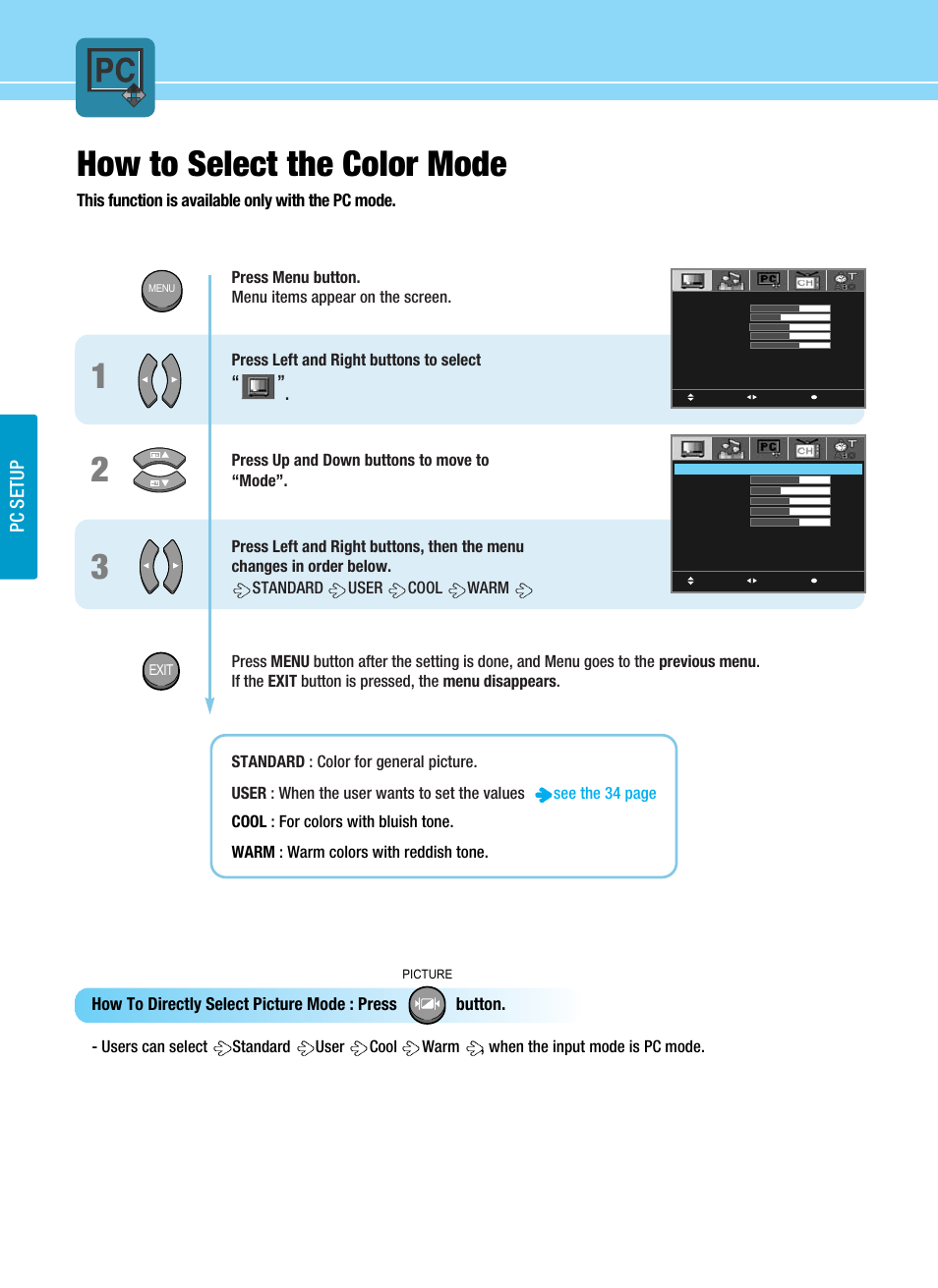 12 3 how to select the color mode, Pc setup | Hyundai ImageQuest HQL200NR User Manual | Page 54 / 83