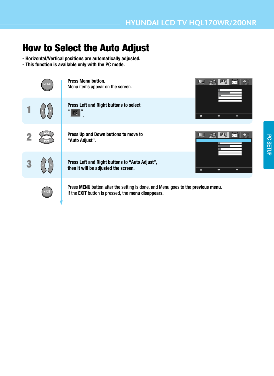 12 3 how to select the auto adjust, Pc setup | Hyundai ImageQuest HQL200NR User Manual | Page 55 / 83