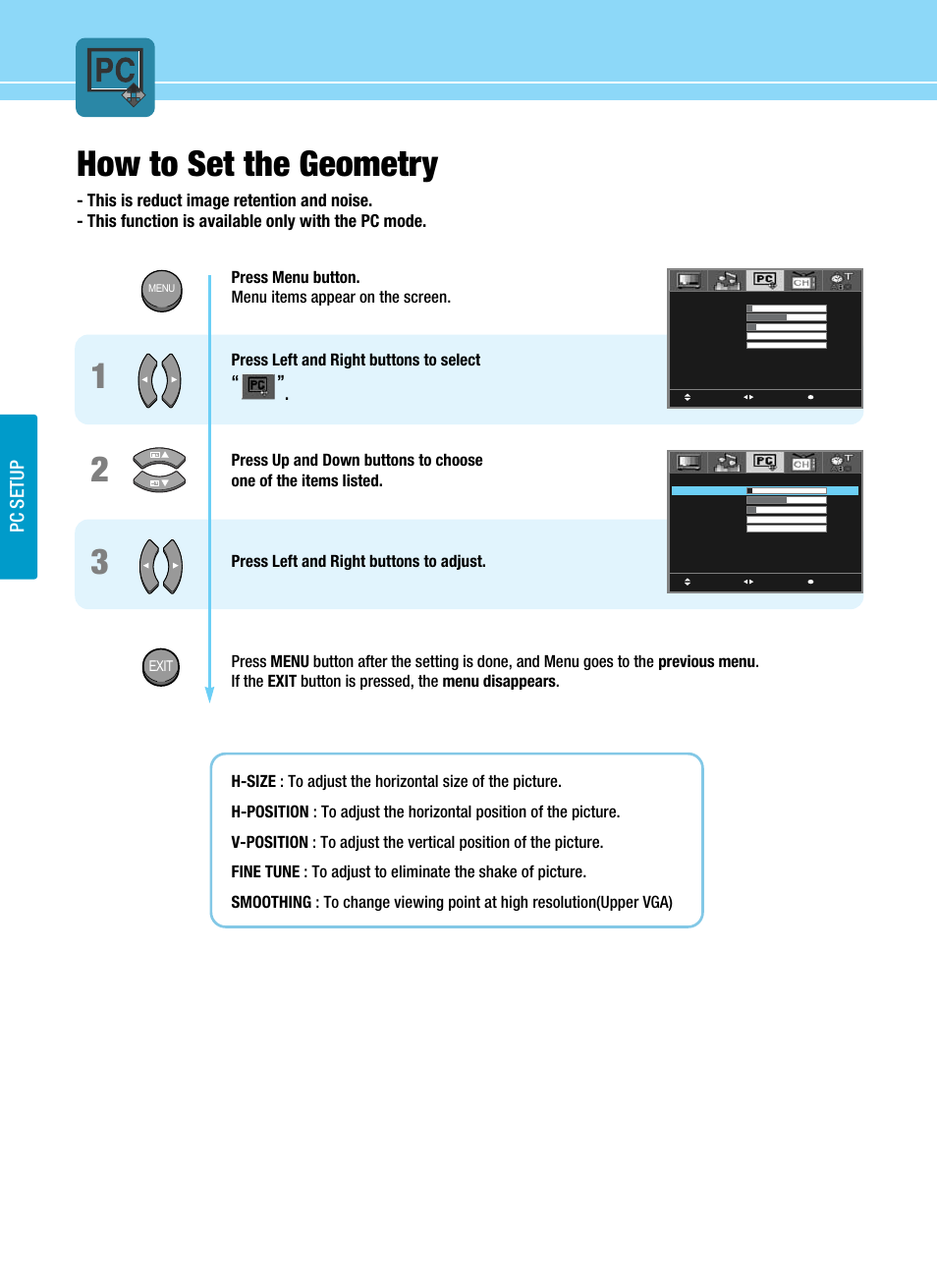 12 3 how to set the geometry, Pc setup | Hyundai ImageQuest HQL200NR User Manual | Page 56 / 83