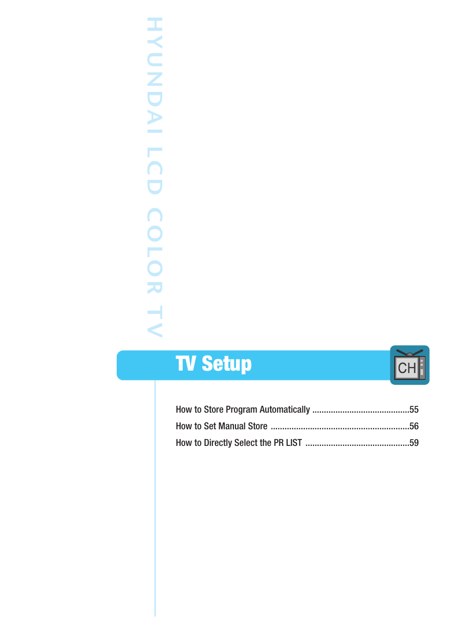 Tv setup hyund ai l cd c ol or t v | Hyundai ImageQuest HQL200NR User Manual | Page 57 / 83