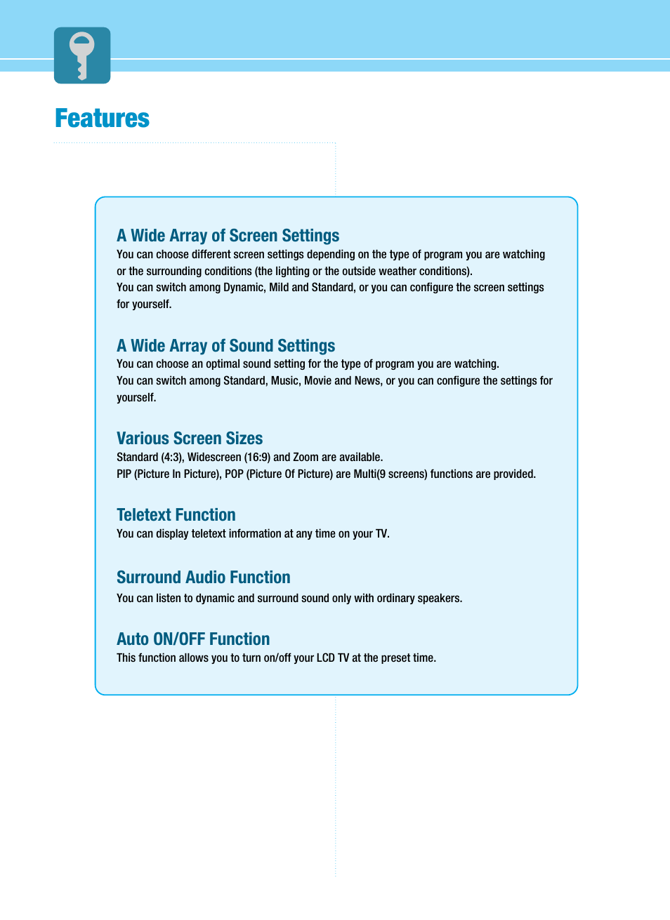 Features, A wide array of screen settings, A wide array of sound settings | Various screen sizes, Teletext function, Surround audio function, Auto on/off function | Hyundai ImageQuest HQL200NR User Manual | Page 6 / 83