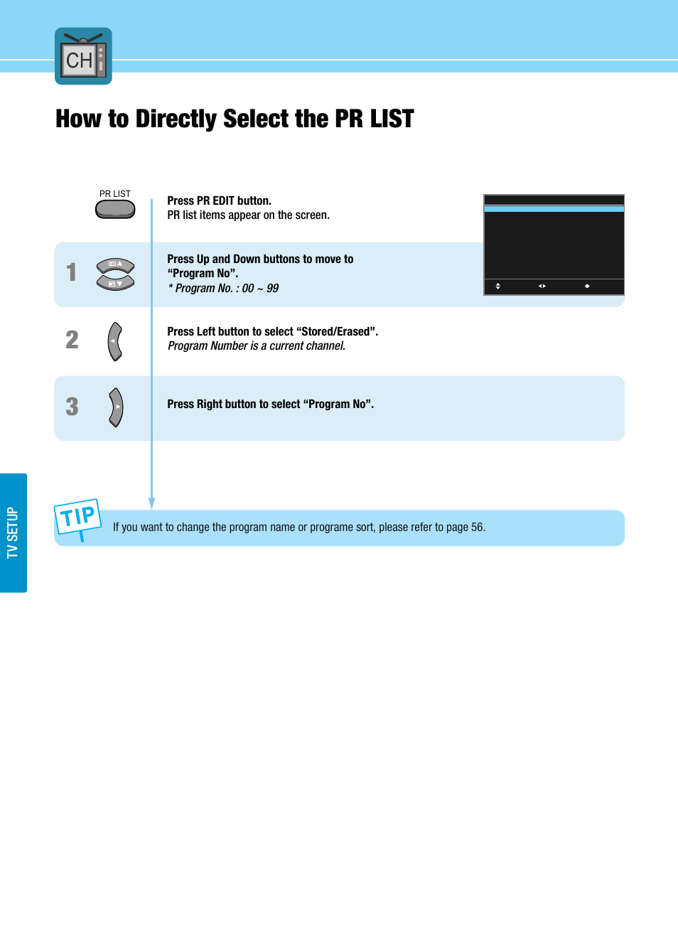 How to directly select the pr list 1 2 3, Tv setup | Hyundai ImageQuest HQL200NR User Manual | Page 62 / 83