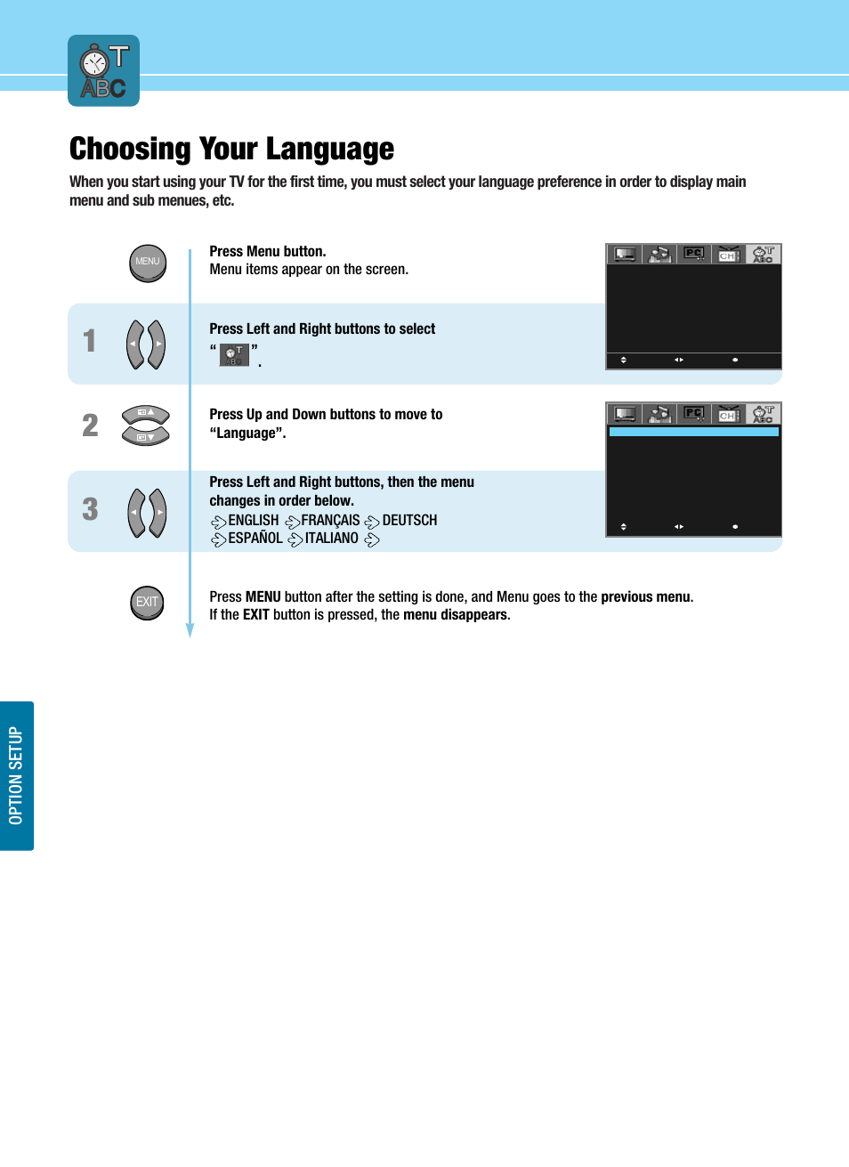 Choosing your language, Option setup | Hyundai ImageQuest HQL200NR User Manual | Page 64 / 83