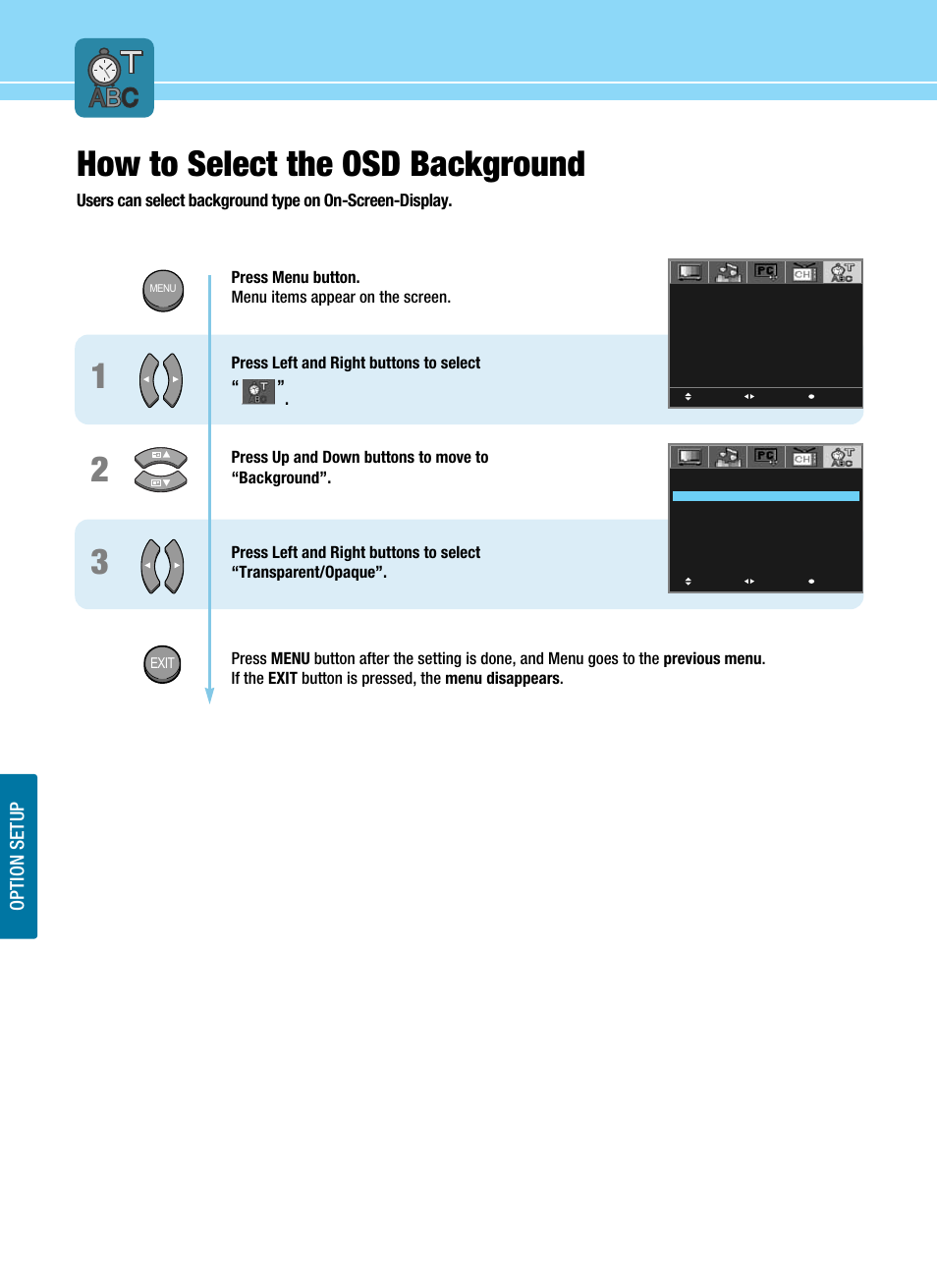 How to select the osd background, Option setup, Exit | Hyundai ImageQuest HQL200NR User Manual | Page 66 / 83