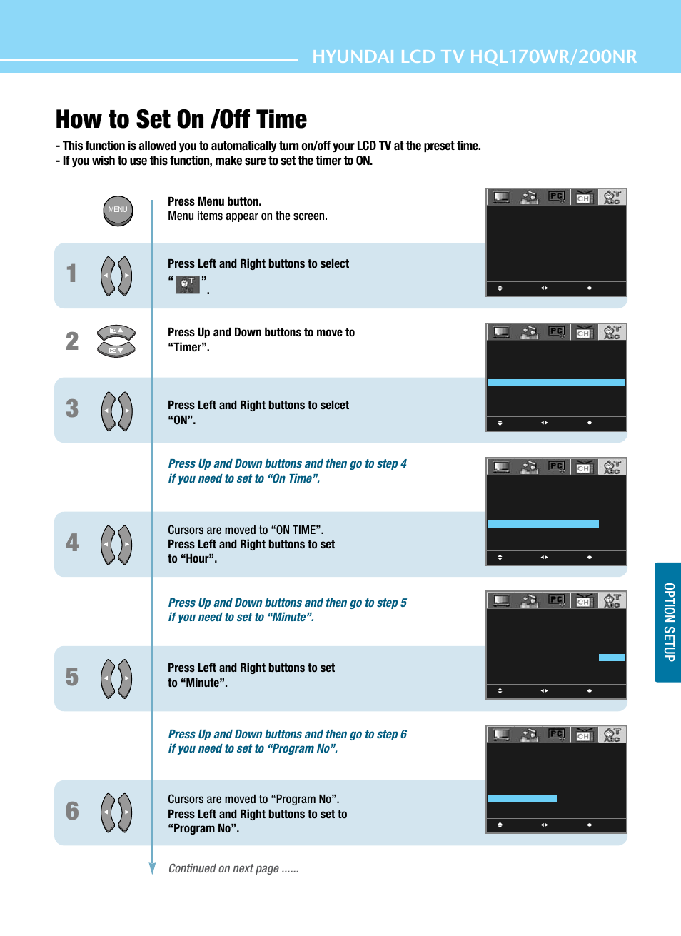 How to set on /off time, Option setup | Hyundai ImageQuest HQL200NR User Manual | Page 69 / 83
