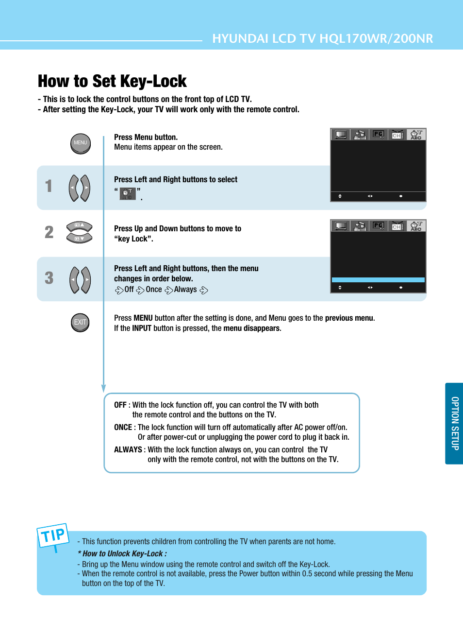 How to set key-lock, Option setup | Hyundai ImageQuest HQL200NR User Manual | Page 71 / 83
