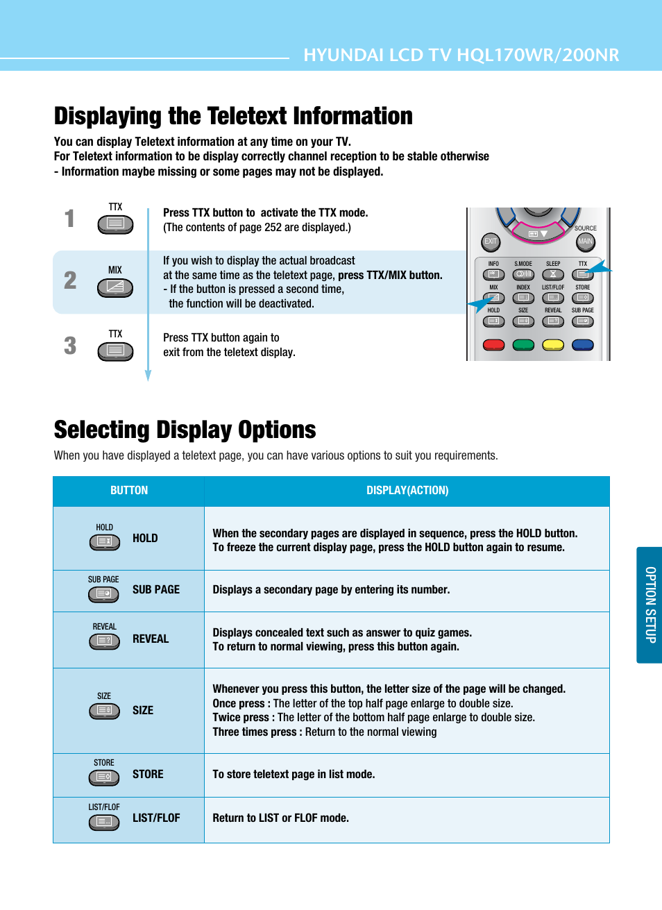 Displaying the teletext information, Selecting display options | Hyundai ImageQuest HQL200NR User Manual | Page 75 / 83