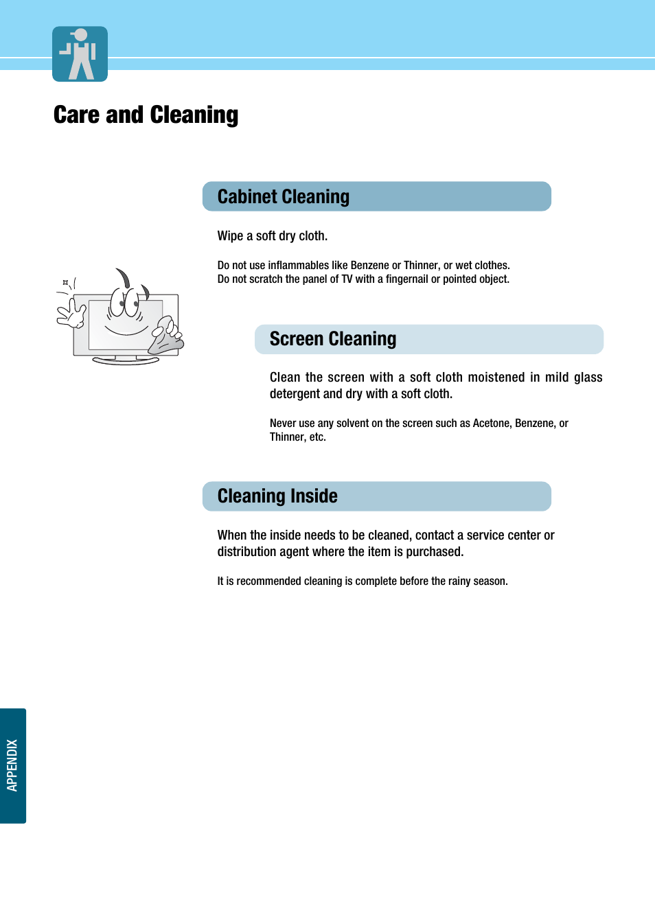 Care and cleaning, Cabinet cleaning, Screen cleaning | Cleaning inside | Hyundai ImageQuest HQL200NR User Manual | Page 80 / 83