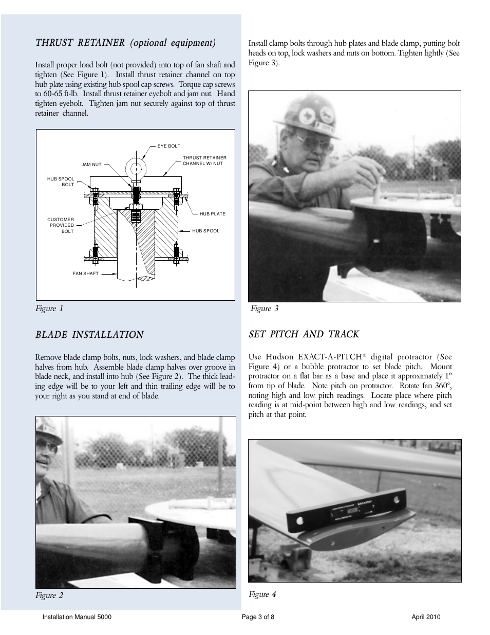 Thrust retainer (optional equipment), Blade installation, Set pitch and track | Hudson Sales & Engineering Tuf-Lite 5000 Series User Manual | Page 3 / 8