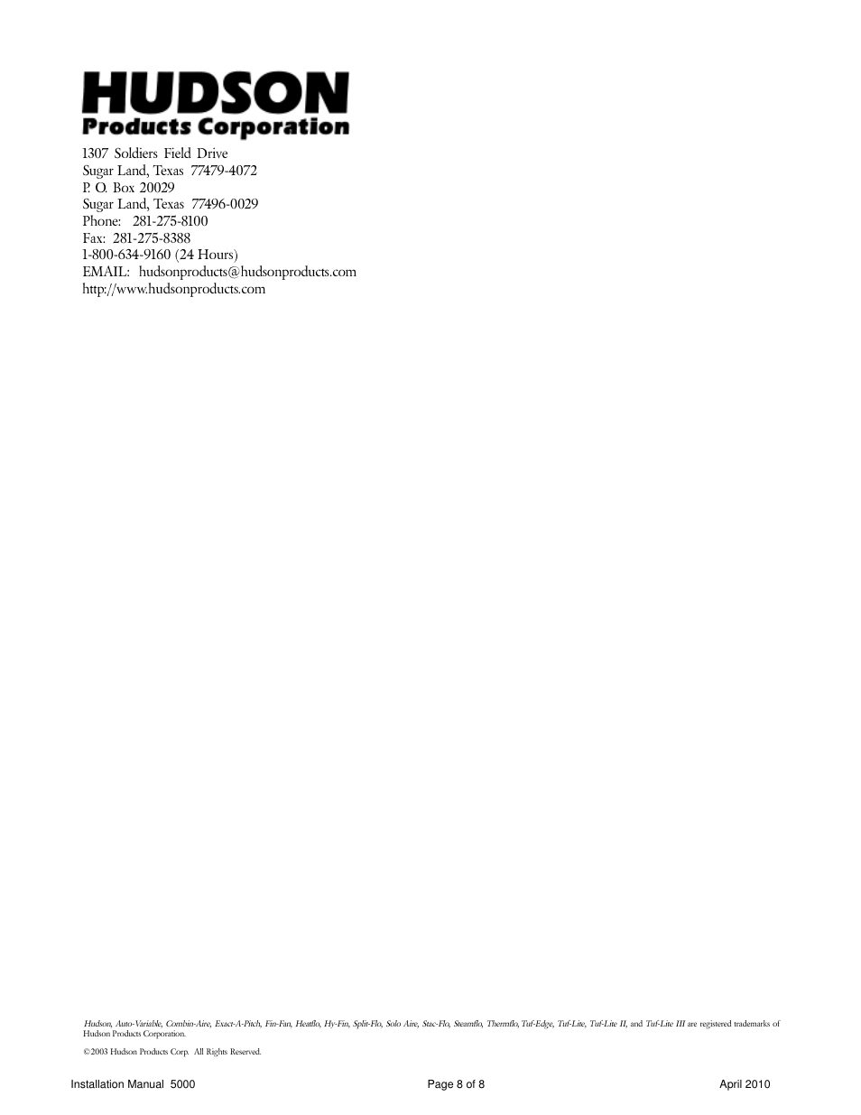Hudson Sales & Engineering Tuf-Lite 5000 Series User Manual | Page 8 / 8
