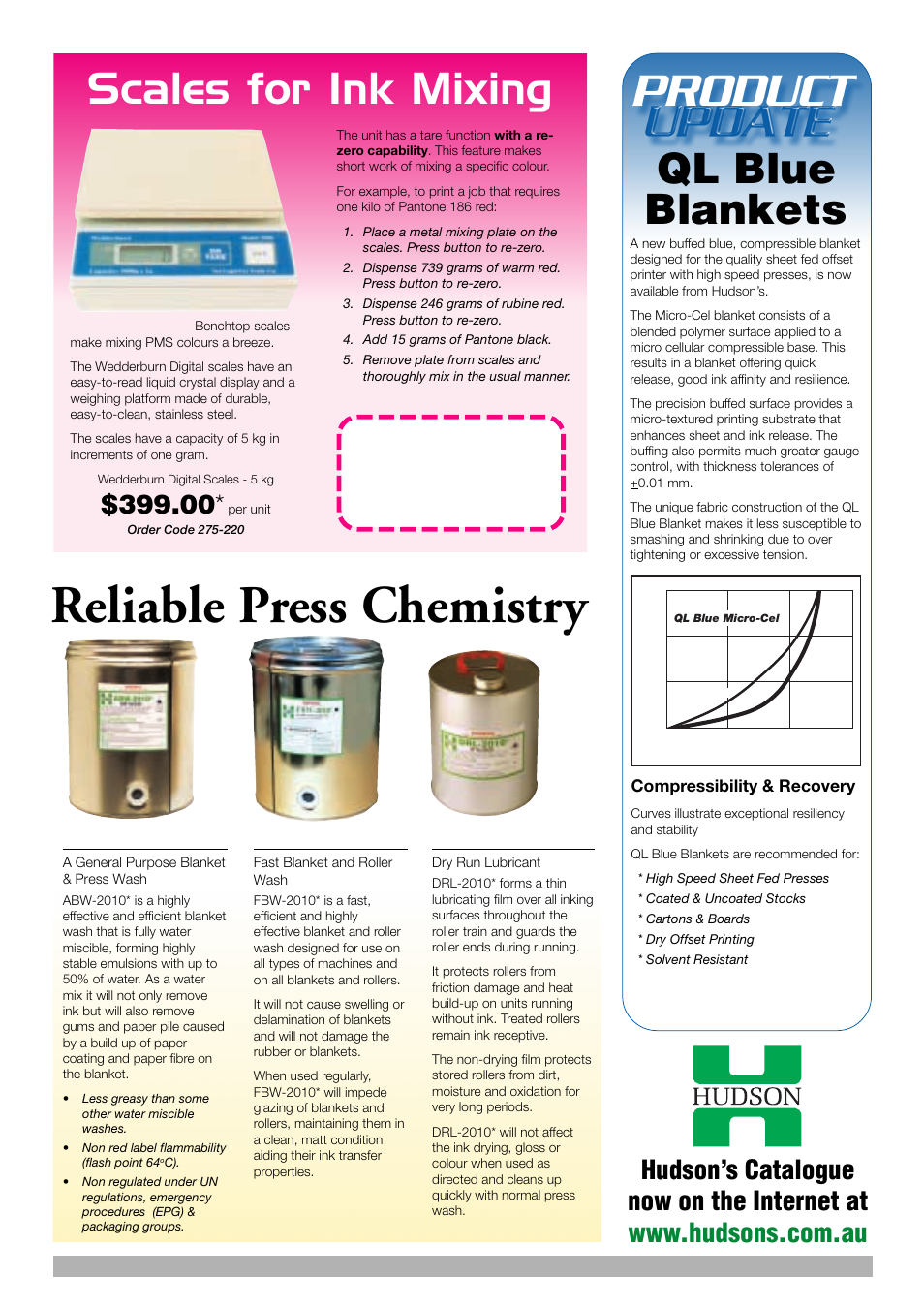 Reliable press chemistry, Scales for ink mixing, Ql blue blankets | Hudson Sales & Engineering DocuCutter DC-545 User Manual | Page 3 / 4