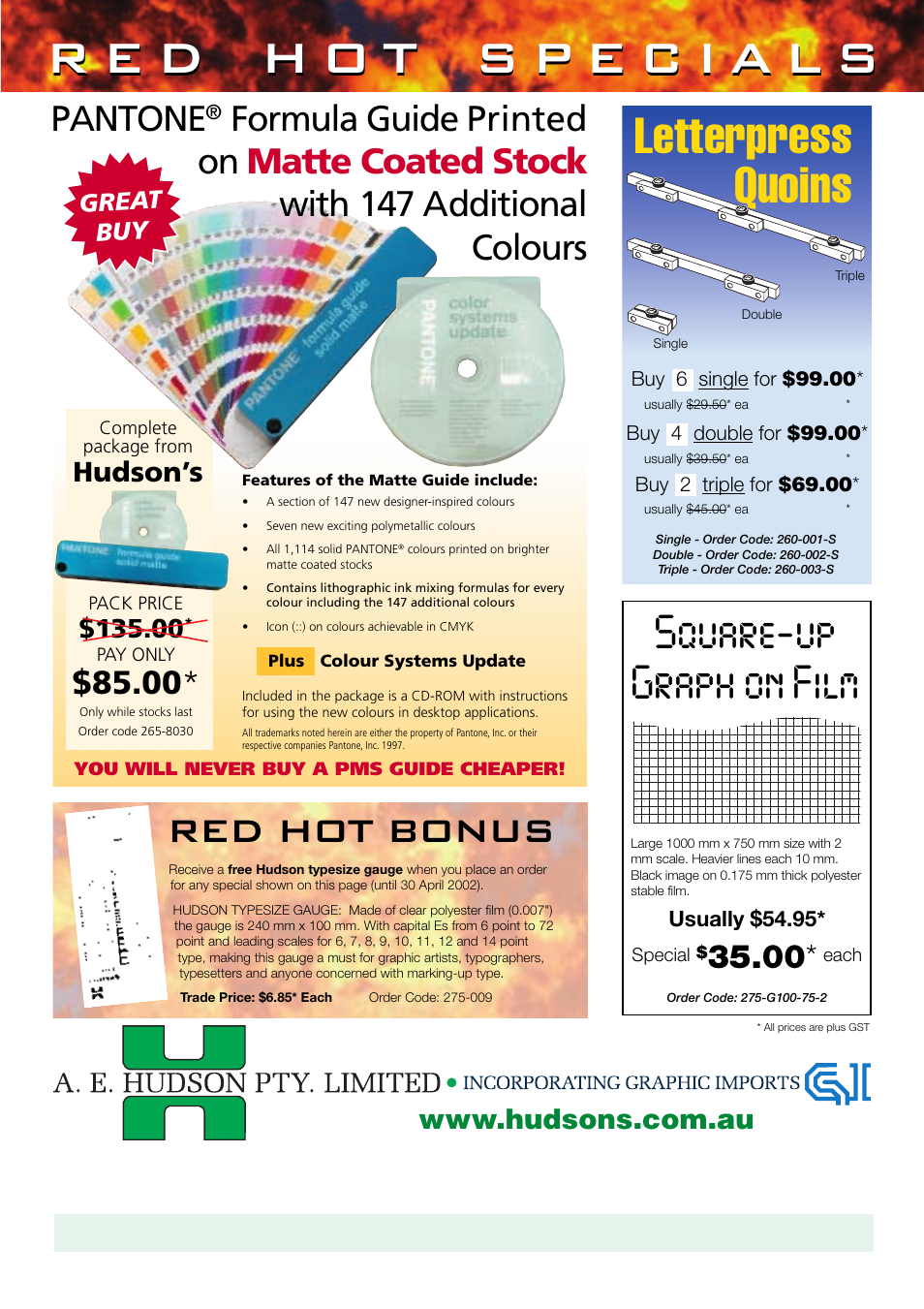 Letterpress quoins, Red hot bonus, Square-up graph on film | Pantone, Hudson’s, Great buy | Hudson Sales & Engineering DocuCutter DC-545 User Manual | Page 4 / 4