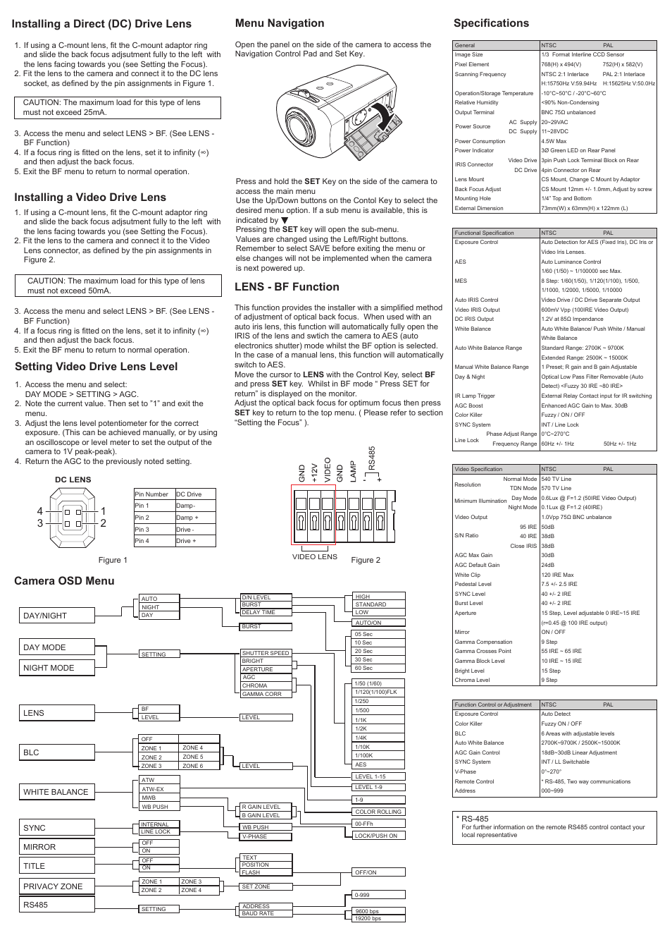 Menu navigation, Installing a video drive lens, Installing a direct (dc) drive lens | Camera osd menu, Specifications, Setting video drive lens level, Lens - bf function | High Resolution Technologies Security Camera User Manual | Page 2 / 2