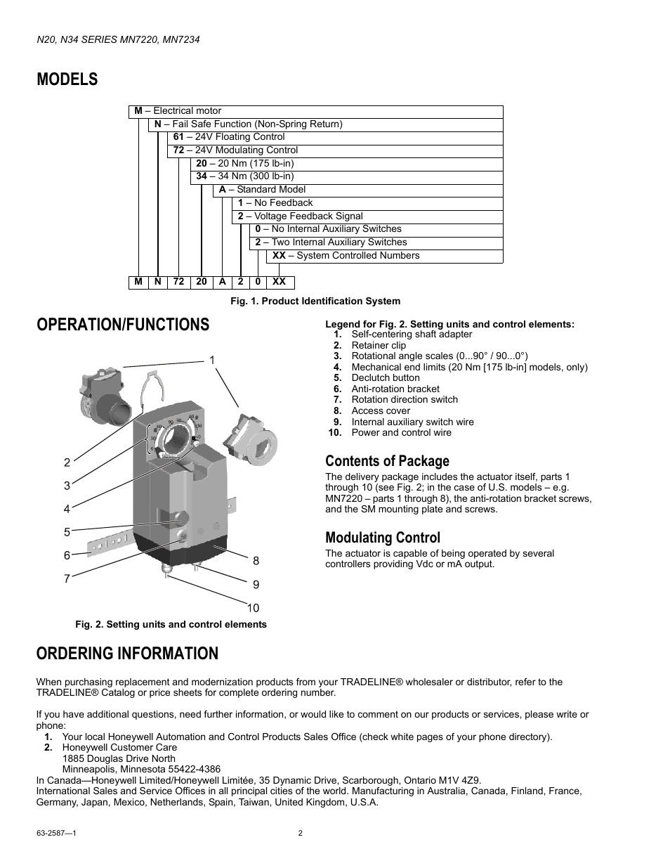 Models, Operation/functions, Contents of package | Modulating control, Ordering information | Honeywell N20 User Manual | Page 2 / 8