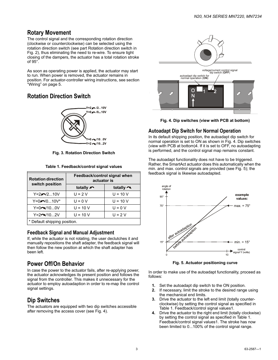 Rotary movement, Rotation direction switch, Power off/on behavior | Dip switches, Feedback signal and manual adjustment, Autoadapt dip switch for normal operation | Honeywell N20 User Manual | Page 3 / 8