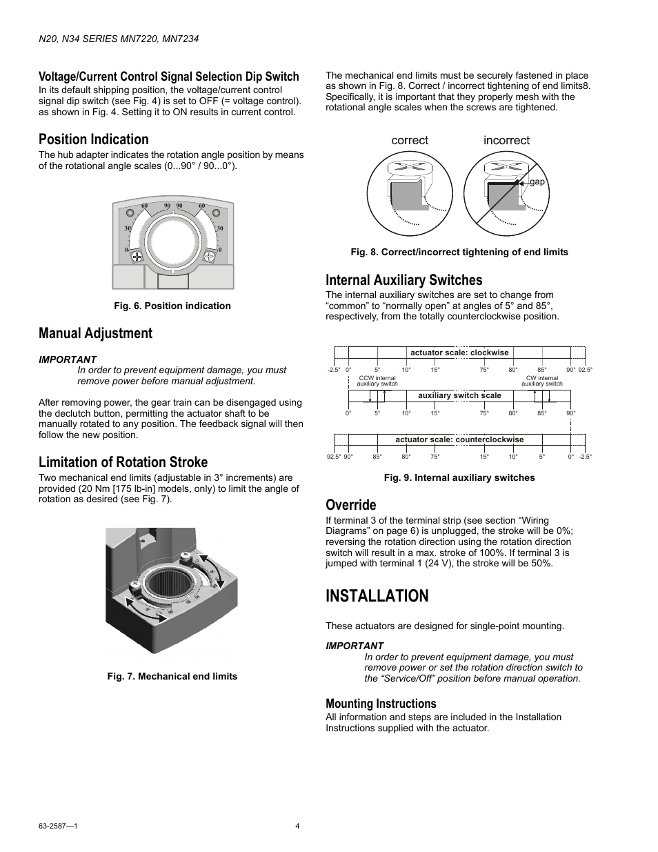 Position indication, Manual adjustment, Limitation of rotation stroke | Internal auxiliary switches, Override, Installation, Mounting instructions | Honeywell N20 User Manual | Page 4 / 8